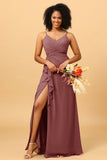 A Line Spaghetti Straps V Neck Chiffon Ruffled Long Bridesmaid Dress with Slit