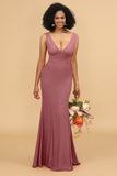 Mermaid V-neck Open Back Long Chiffon Bridesmaid Dress With Ruffles