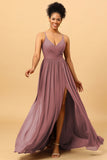 A-Line Spaghetti Straps Ruched Long Chiffon Bridesmaid Dress with Slit