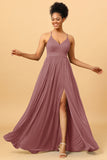 A Line Spaghetti Straps Ruched Chiffon Long Bridesmaid Dress with Slit