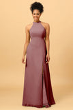 Sheath Halter Floor Length Open Back Chiffon Bridesmaid Dress with Slit