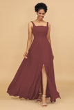 Sheath Square Neck Floor Length Chiffon Bridesmaid Dress