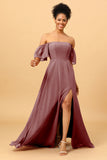 A Line Off the Shoulder Long Chiffon Bridesmaid Dress with Slit