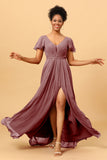 A-Line V Neck Ruched Long Chiffon Bridesmaid Dress with Slit