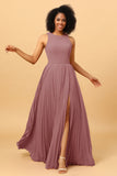 A Line High Neck Pleated Long Chiffon Bridesmaid Dress with Ruffles