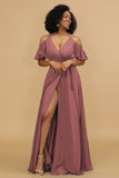 A Line Halter Cold Shoulder Chiffon Bridesmaid Dress with Slit