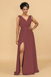 A Line Ruched V-Neck Sleeveless Chiffon Bridesmaid Dress with Slit