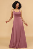 A Line Spaghetti Straps Floor Length Satin Bridesmaid Dress