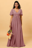 A Line V Neck Short Sleeves Chiffon Long Bridesmaid Dress