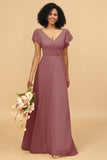 V-Neck Cape Long Floor Length Chiffon Bridesmaid Dress