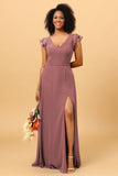 A Line V Neck Strapless Long Chiffon Bridesmaid Dress With Slit