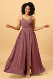 Ruched Long Floor Length Chiffon Bridesmaid Dress with Slit