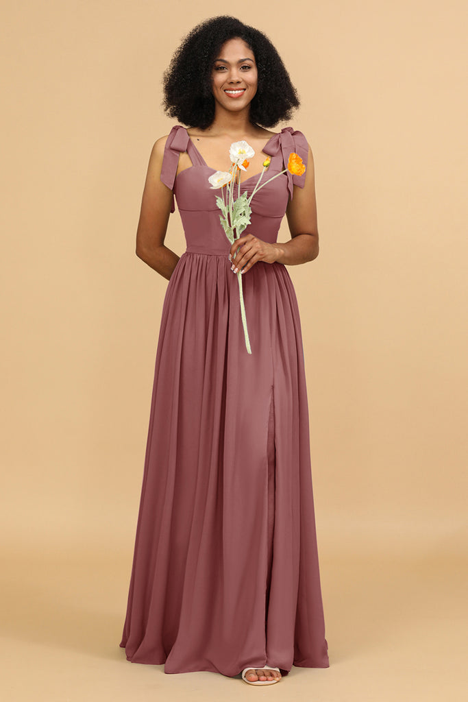 V-neck Long Chiffon Dress with Slit for Bridesmaids Lemon