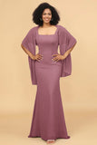 Mermaid Square Neck Long Chiffon Bridesmaid Dress with Cape