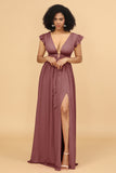 A Line Deep V-Neck Long Chiffon Bridesmaid Dress with Slit