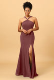 Mermaid Halter Long Chiffon Bridesmaid Dress with Slit