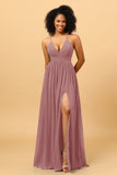 A Line V Neck Spaghetti Straps Chiffon Bridesmaid Dress with Slit