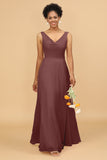 A Line V Neck Backless Chiffon Long Bridesmaid Dress