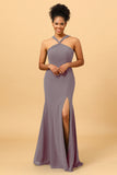 Mermaid Halter Long Chiffon Bridesmaid Dress with Slit