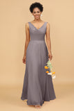 A Line V Neck Backless Chiffon Long Bridesmaid Dress