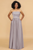 A Line Strapless Satin Floor Length Bridesmaid Dress with Pockets