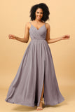 Ruched Long Floor Length Chiffon Bridesmaid Dress with Slit