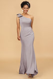 Mermaid One Shoulder Satin Long Bridesmaid Dress With Bowknot