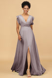 A Line V-Neck Floor Length Chiffon Bridesmaid Dress with Slit