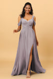 A Line V Neck Cold Shoulder Chiffon Bridesmaid Dress with Slit