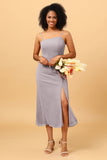 Sheath Spaghetti Straps Midi Chiffon Bridesmaid Dress with Slit