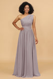 A Line One Shoulder Long Chiffon Bridesmaids Dress with Ruffles