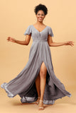 A-Line V Neck Ruched Long Chiffon Bridesmaid Dress with Slit