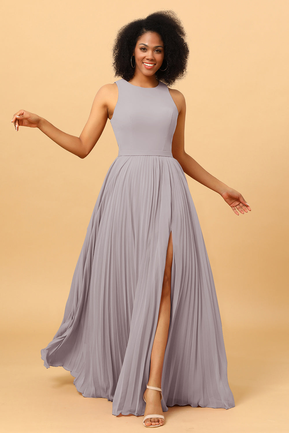 A Line High Neck Pleated Long Chiffon Bridesmaid Dress with Ruffles
