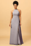 Sheath Halter Floor Length Open Back Chiffon Bridesmaid Dress with Slit