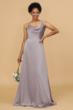 A Line Asymmetrical Neck Satin Floor Length Bridesmaid Dress