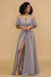 A Line Halter Cold Shoulder Chiffon Bridesmaid Dress with Slit