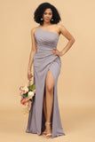 Mermaid One Shoulder Satin Long Bridesmaid Dress with Slit