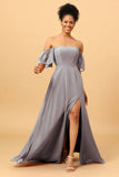 A Line Off the Shoulder Long Chiffon Bridesmaid Dress with Slit