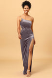 Mermaid One Shoulder Long Velvet Bridesmaid Dress with Slit