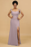 Sheath Spaghetti Straps Long Chiffon Bridesmaid Dress with Slit