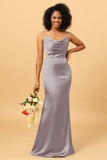 Mermaid Cowl Neckline Spaghetti Straps Long Satin Bridesmaid Dress