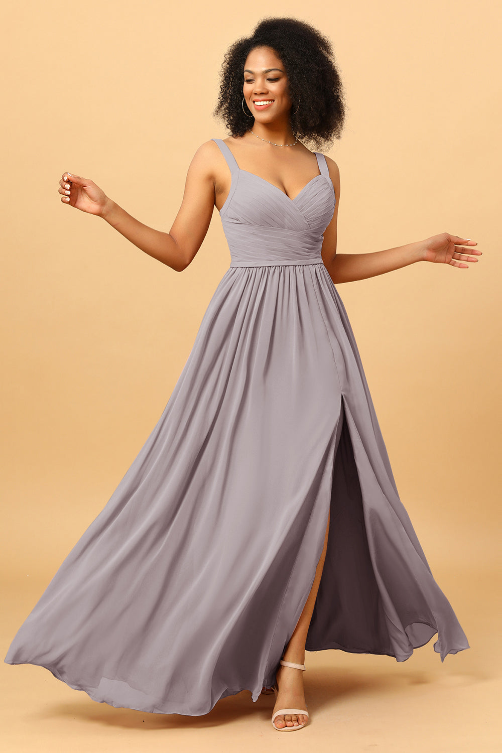 Long gray chiffon bridesmaid dresses deals