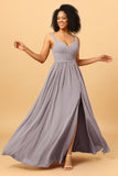 Spaghetti Straps Long Chiffon Bridesmaid Dress with Slit