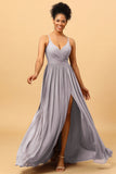 A-Line Spaghetti Straps Ruched Long Chiffon Bridesmaid Dress with Slit