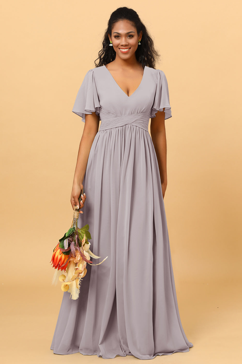 gray chiffon long dress Martini Olive Chiffon Bridesmaid Dress A-Line Maxi Flutter Sleeve V-Neck
