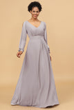 Long Sleeves V-Neck Chiffon Bridesmaid Dress with Bowknot