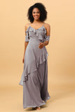 A Line Spaghetti Straps Long Chiffon Bridesmaid Dress with Ruffles