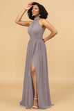 A Line Halter Ruched Floor Length Chiffon Bridesmaid Dress with Slit