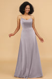 A Line Spaghetti Straps Floor Length Satin Bridesmaid Dress