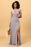 A Line V Neck Strapless Long Chiffon Bridesmaid Dress With Slit